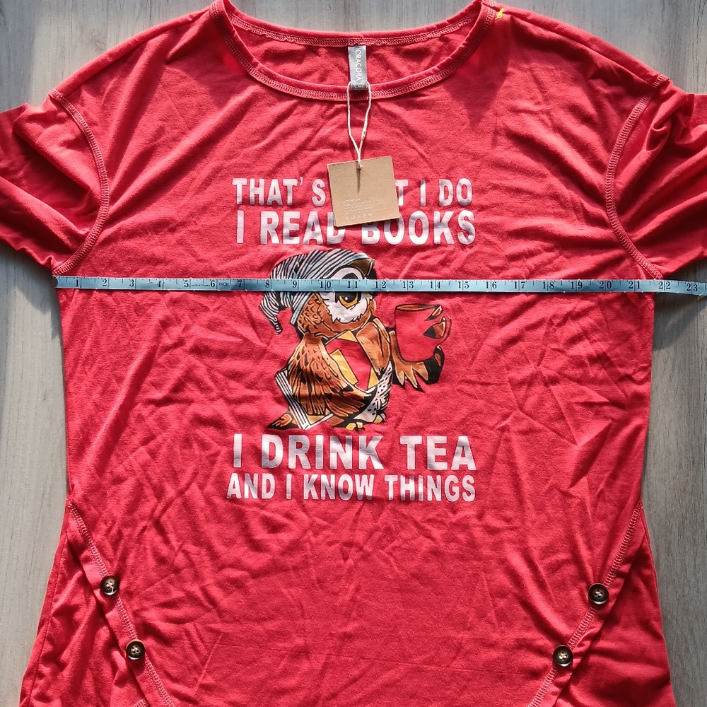 NEW NoraCora Jersey Sleep Shirt Lounge Pajama Top Books Tea Owl Red Extra Large - Picture 8 of 12